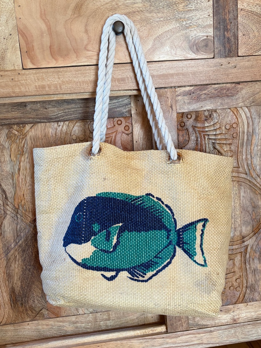 Fish Print Natural Straw Tote with Rope Handles